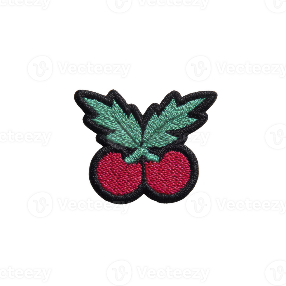 Vibrant embroidered patch features two red cherries with green leaves, set against transparency background. design is simple yet eye catching, perfect for adding playful touch to clothing png