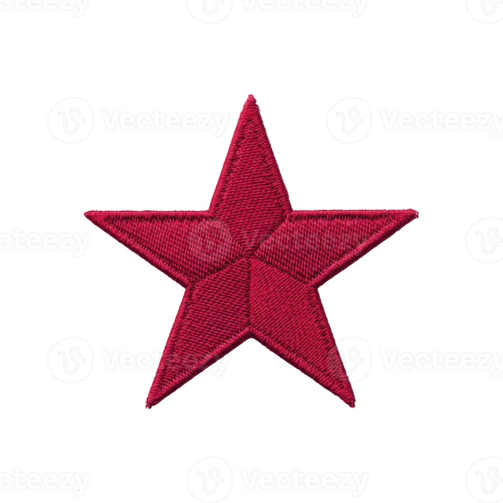 Red embroidered star patch with textured surface, symbolizing achievement or decoration, isolated on transparency background. star has bold and striking appearance png