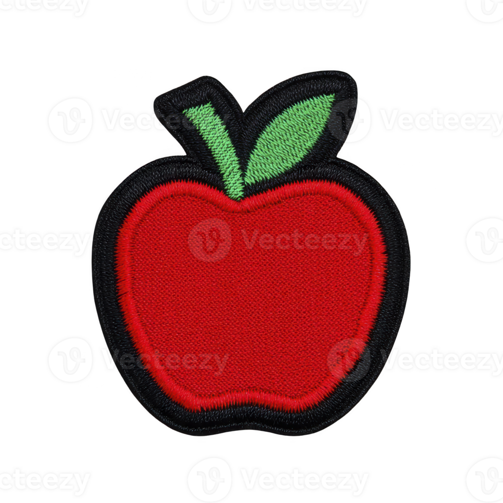 Vibrant red apple patch with green leaves, featuring black border, perfect for clothing or accessories. design is simple yet eye catching, ideal for customization png