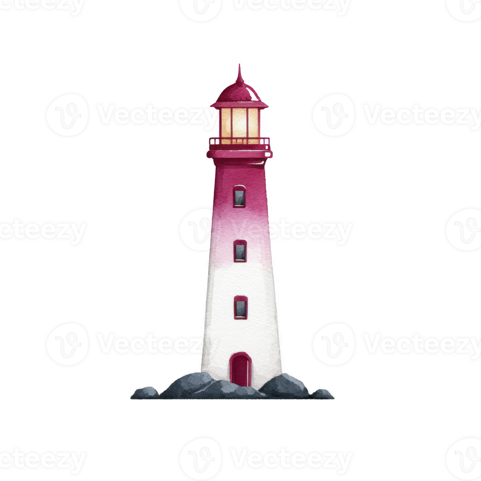 Tall, red and white lighthouse stands on rocky terrain, its light glowing warmly. structure is isolated, symbolizing guidance and safety amidst sea png