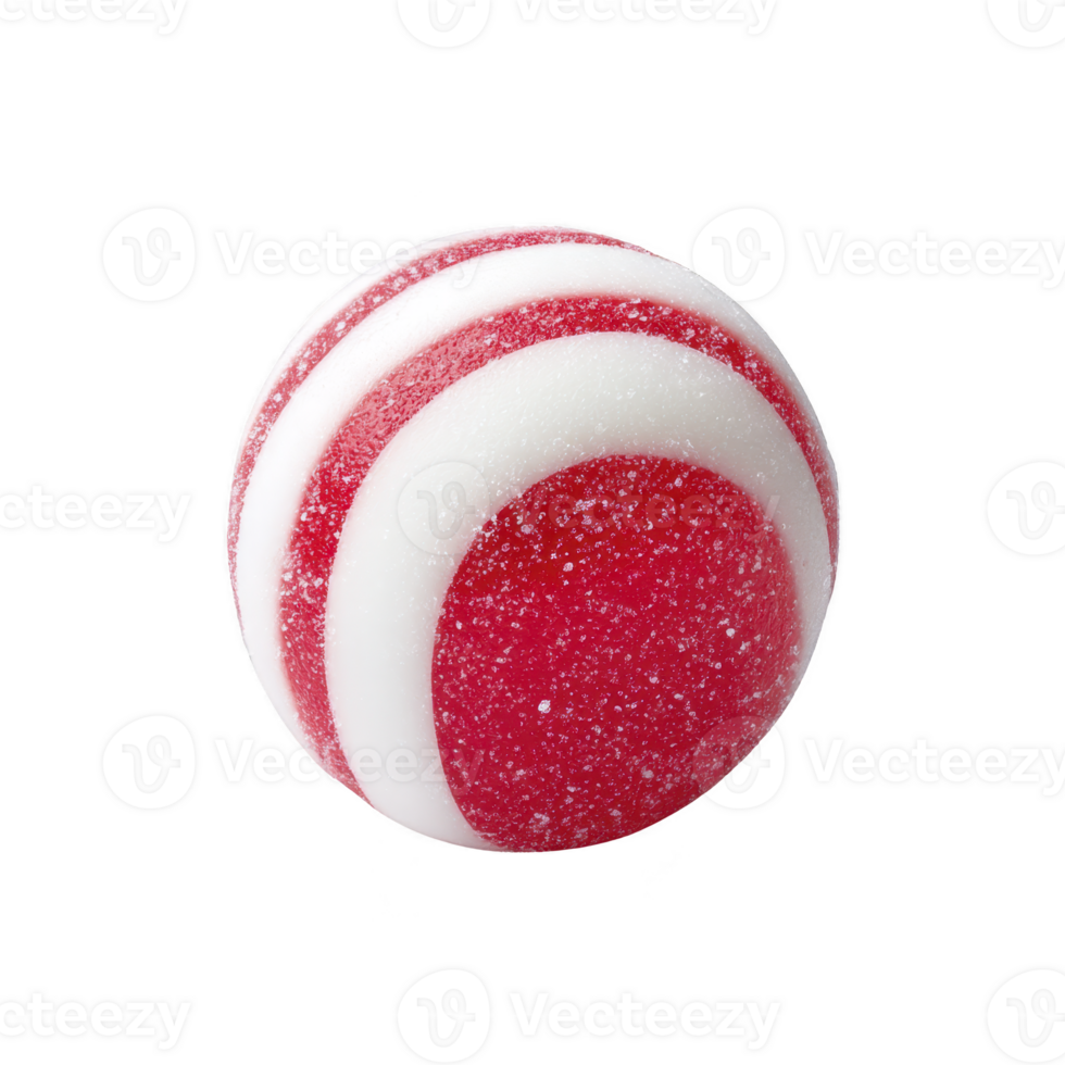Round, red and white striped candy with glossy surface and sugar coating, resembling peppermint swirl. candy vibrant colors and texture make it visually appealing png