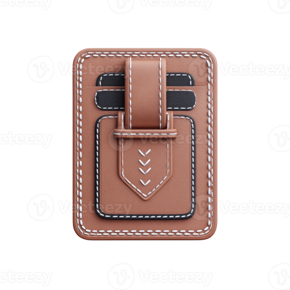 Brown leather card holder with white stitching features multiple slots and secure strap, offering stylish and practical solution for organizing cards png
