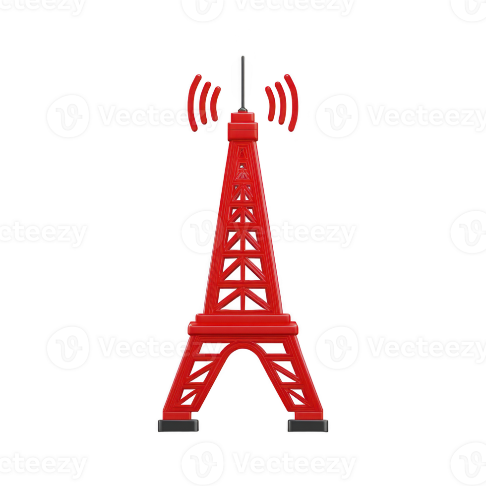 Red Eiffel Tower shaped radio antenna with signal waves emanating from top symbolizes communication and connectivity. design is modern and abstract png