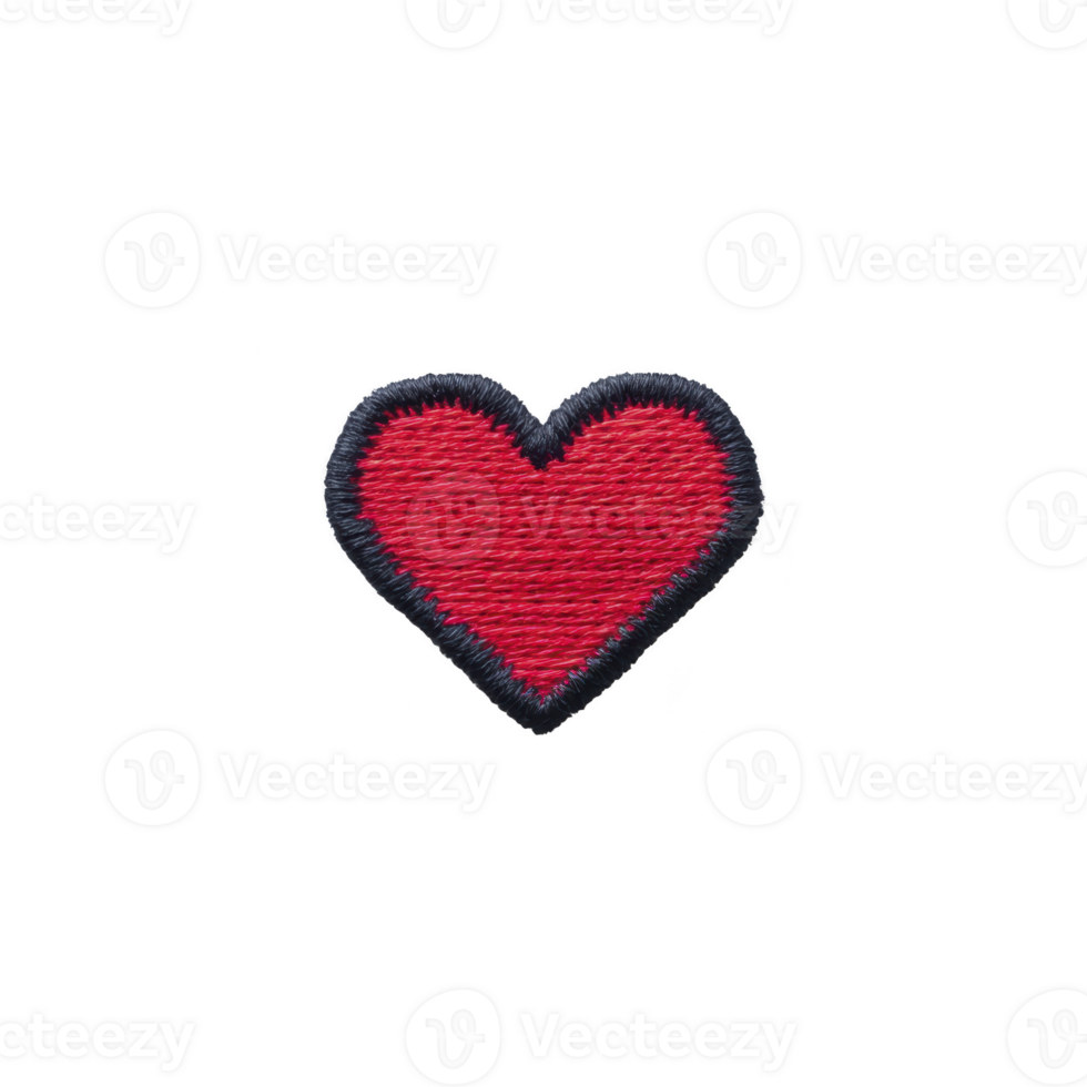 Red heart patch with black border, symbolizing love and affection, isolated on transparency background. embroidered design is simple yet expressive, perfect for clothing or accessories png