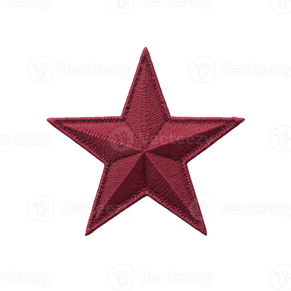Red embroidered star patch with intricate stitching, perfect for clothing decoration or crafting projects. design is bold and eye catching, adding touch of flair png