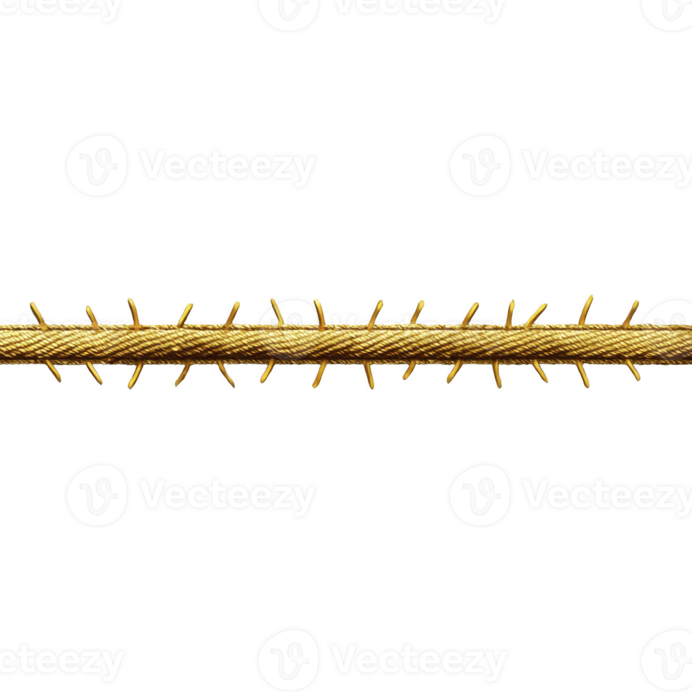 Golden rope with thorn like protrusions is displayed against transparency background, creating striking contrast. texture and details of rope are highlighted, giving it unique and artistic png