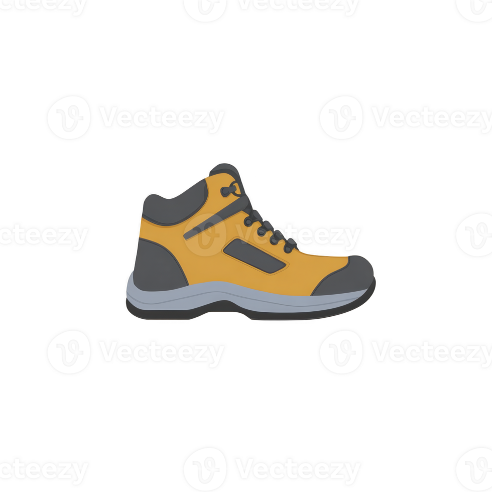 Yellow and gray hiking boot with black laces and sturdy sole, designed for outdoor adventures and rugged terrain. boot features high ankle for added support png