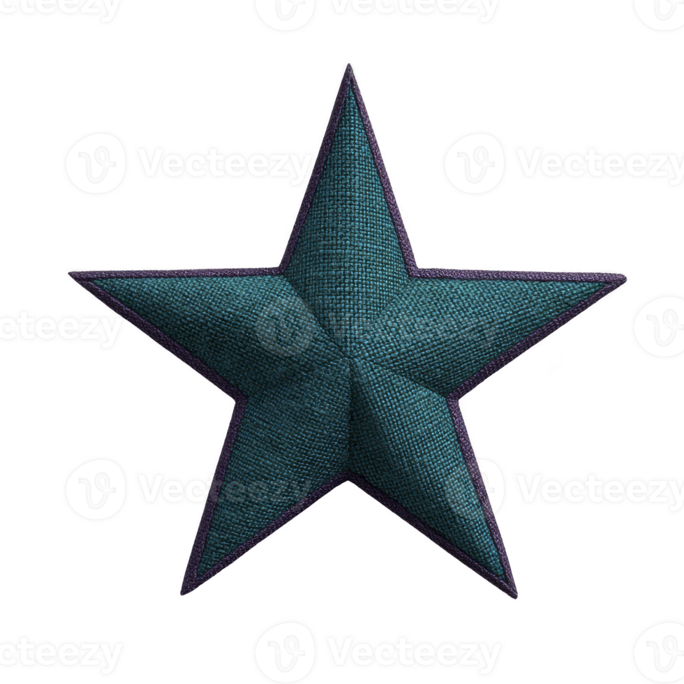 Textured teal star with three dimensional appearance stands out against transparency background, creating striking and bold visual effect. star surface has fabric like texture, adding depth png
