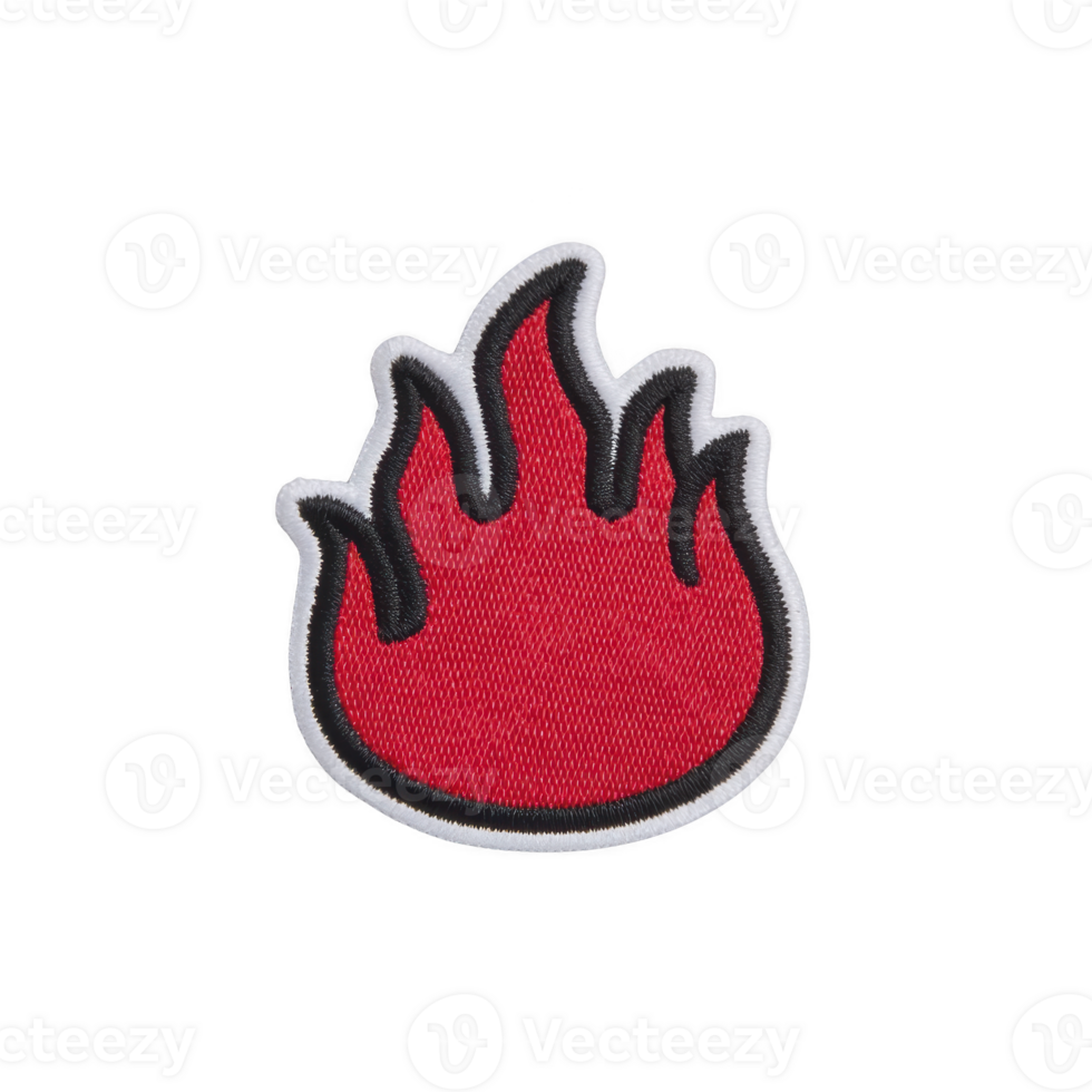 Vibrant red flame patch with black outline, designed for clothing or accessories, stands out against plain background. patch is embroidered, adding texture and style png