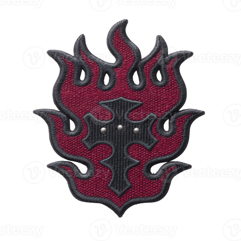Red and black embroidered patch features cross design surrounded by flame like patterns, creating bold and striking appearance. patch is textured and detailed png