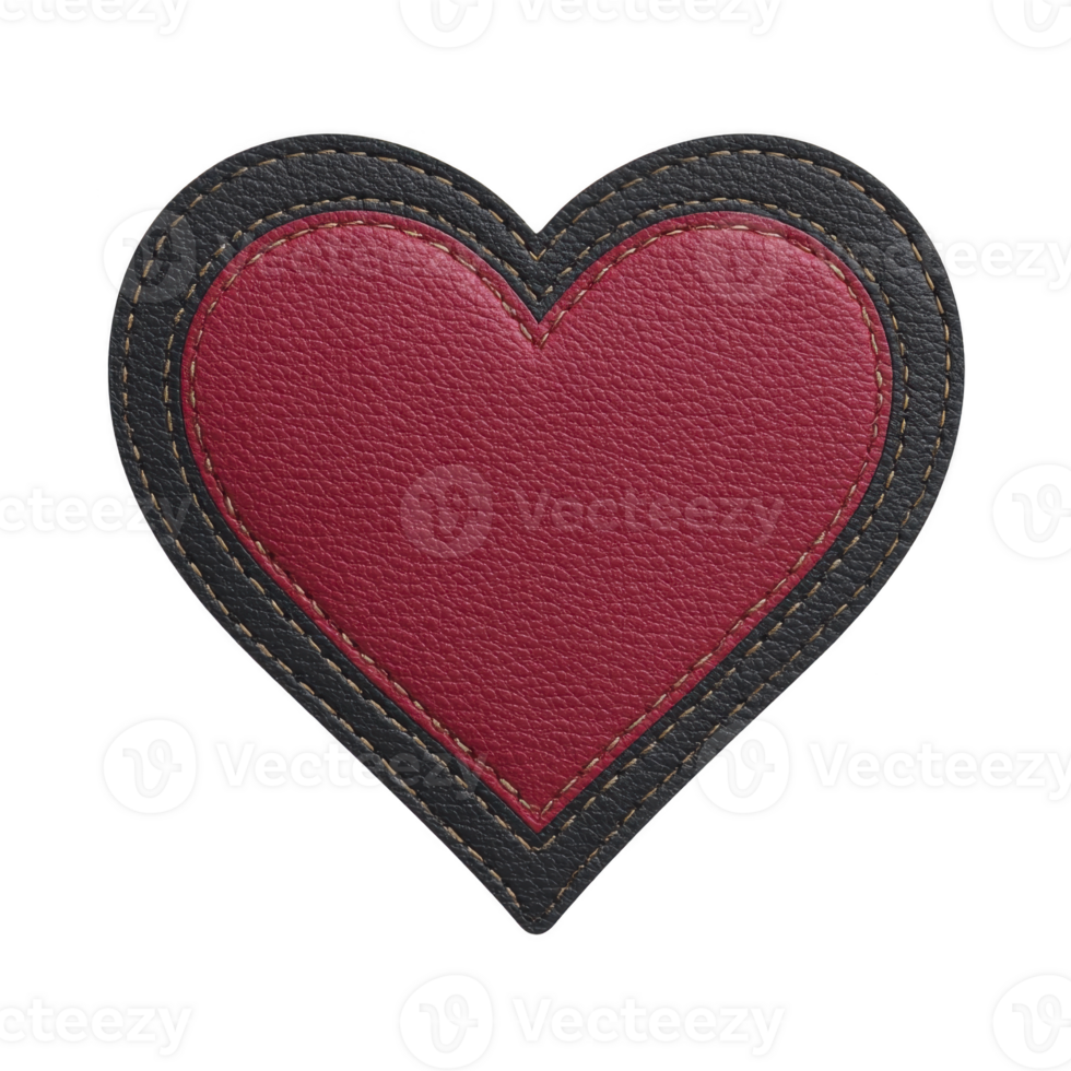 Red leather heart patch with black stitching, showcasing textured surface and handmade appearance. patch is isolated on transparency background, emphasizing its craftsmanship png