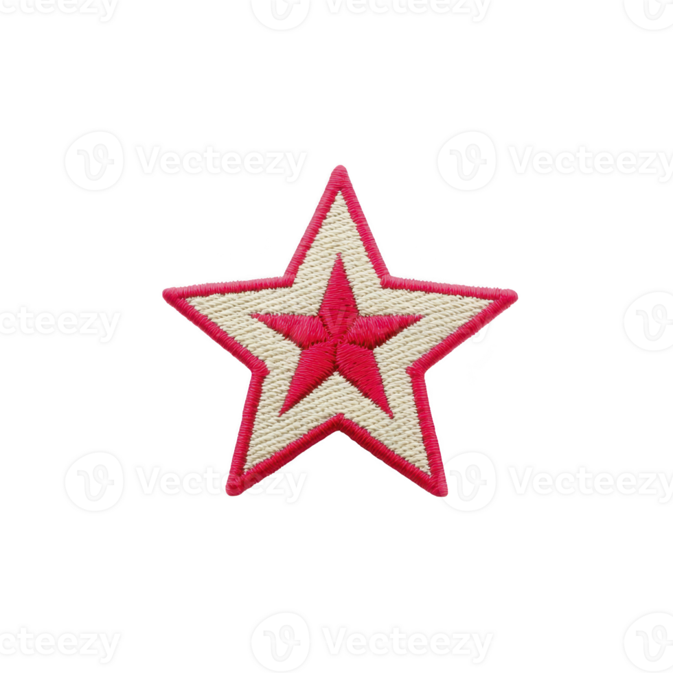 Red and beige embroidered star patch with bold design, featuring central red star outlined by beige border and red edge. patch is isolated on transparency background png