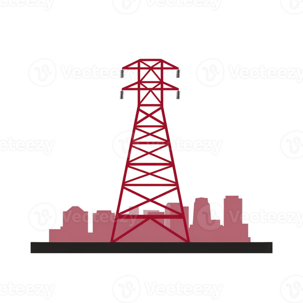 Red transmission tower stands prominently against city skyline silhouette, symbolizing urban infrastructure and connectivity. tower geometric design contrasts with city outline, creating modern png