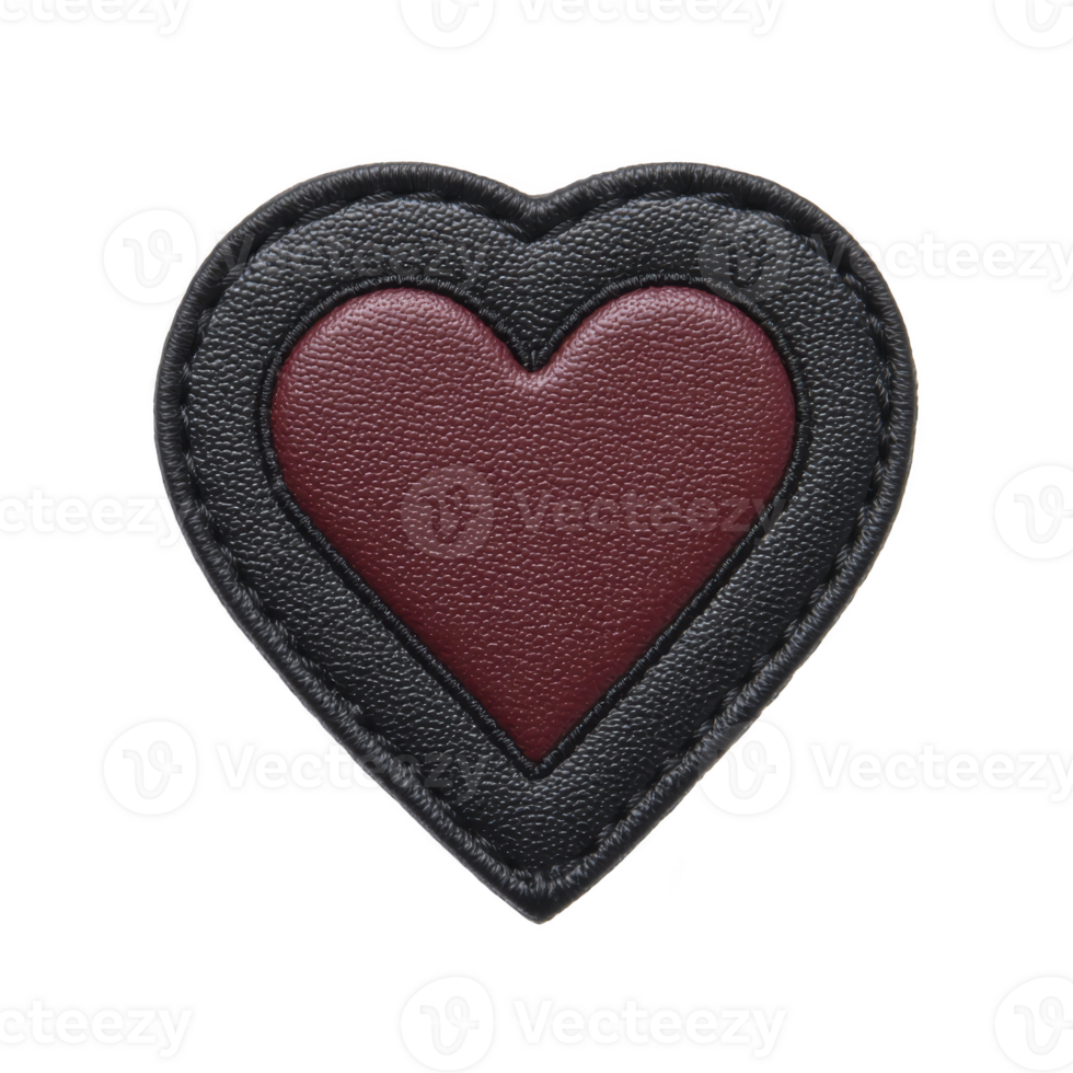 Heart shaped leather patch with textured surface features dark red center and black border, creating stylish and bold design png
