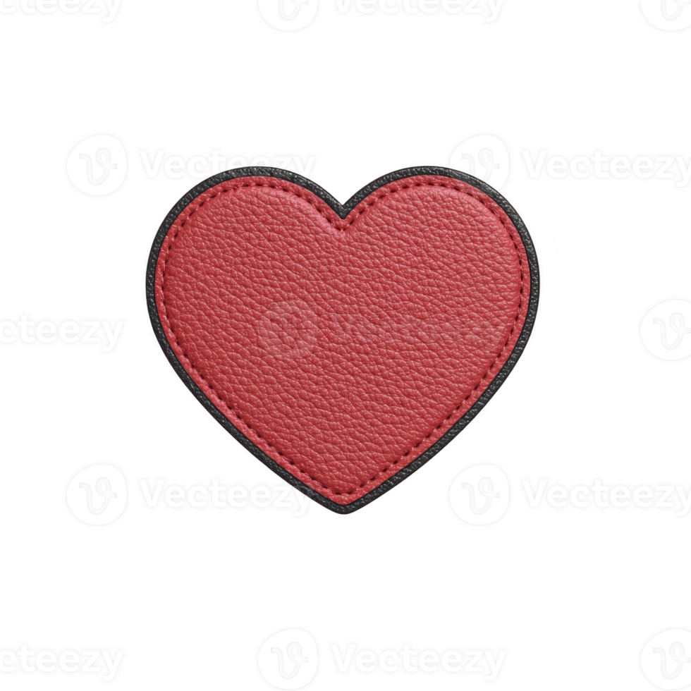 Red leather heart patch with black stitching, isolated on transparency background, conveys sense of love and craftsmanship png