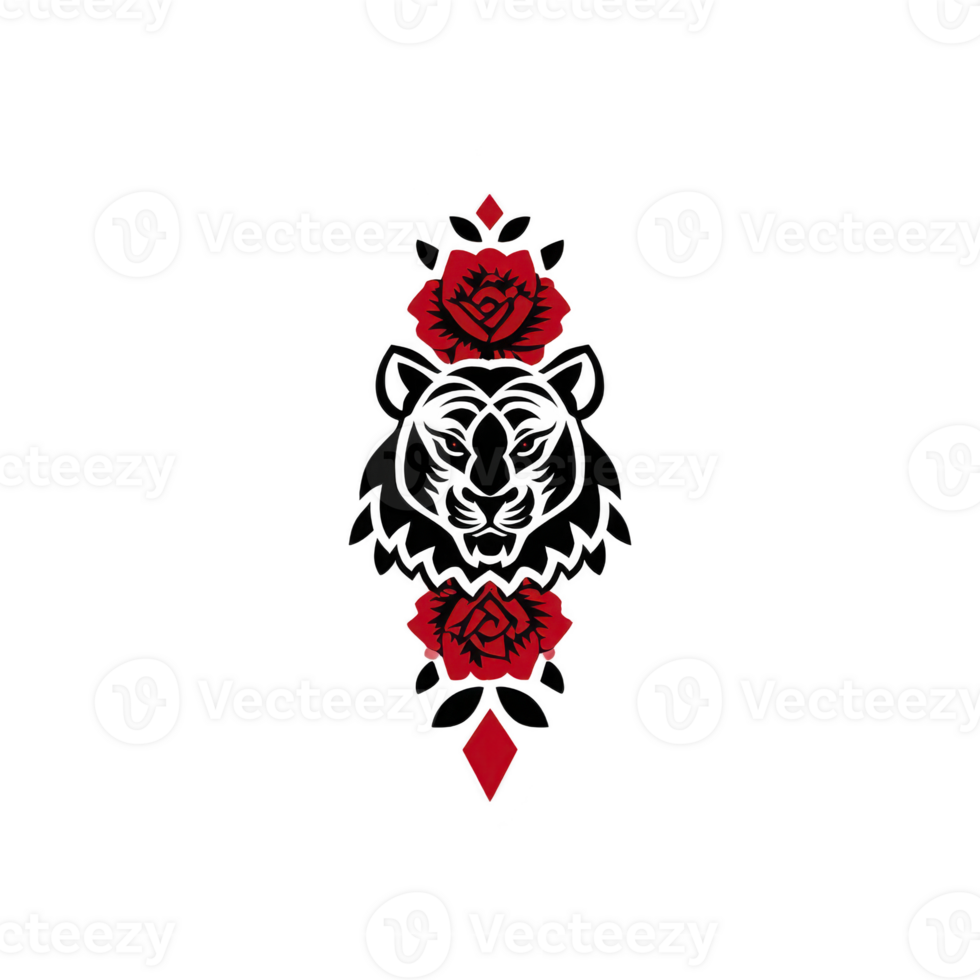 Fierce tiger head is surrounded by vibrant red roses and geometric shapes, creating bold and striking design. combination of nature and geometry adds unique artistic flair png
