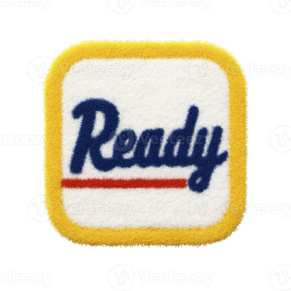 Fluffy, textured badge with word Ready in blue script and red underline, set against transparency background with yellow border, conveys sense of preparedness png