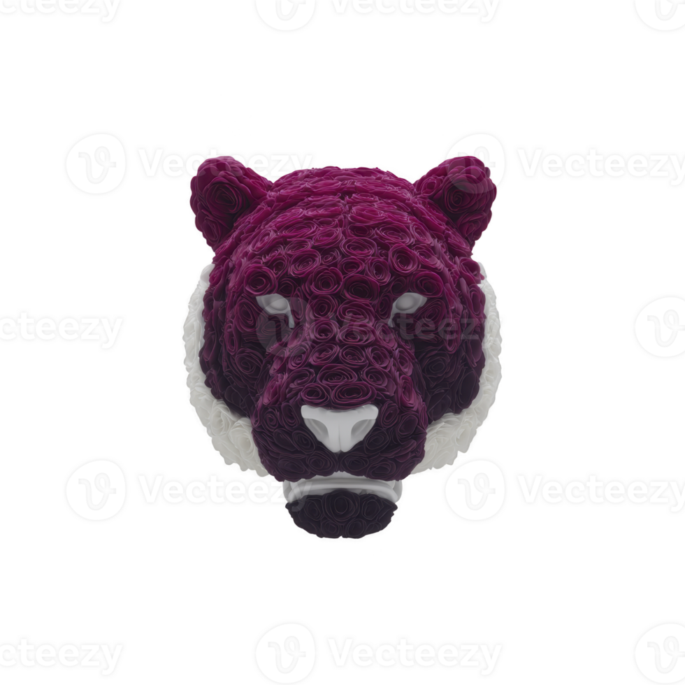 Stylized tiger head made of purple and white roses, creating unique and artistic representation. floral design adds touch of elegance and creativity to animal fierce expression png