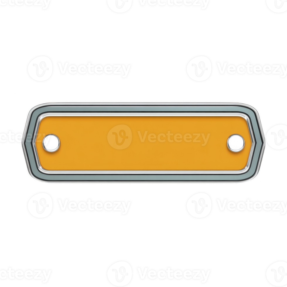 Rectangular orange metal nameplate with rounded edges and two holes for mounting, set against transparency background. design is simple and industrial, suitable for labeling or signage png