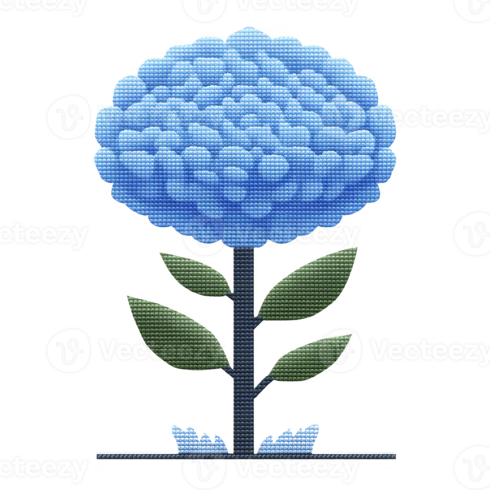 Digital illustration of blue flower with textured, pixelated appearance, featuring round bloom and green leaves on stem. design is simple and stylized png
