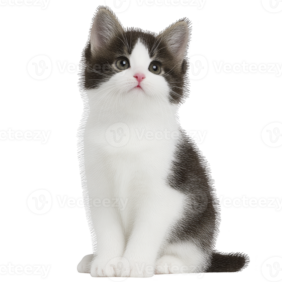 Cute black and white kitten sits attentively, showcasing its fluffy fur and bright eyes. kitten curious expression and soft features make it adorable subject, perfect for pet lovers png