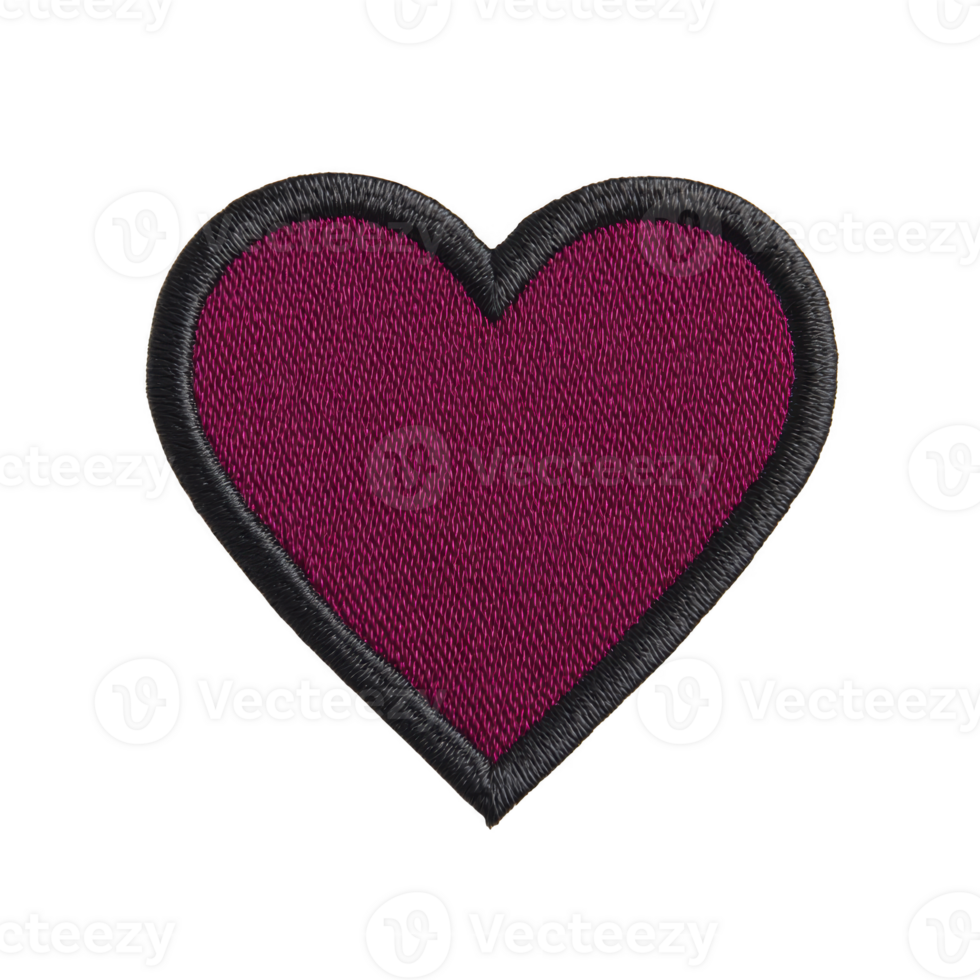 Vibrant embroidered heart patch with deep magenta center and contrasting black border, perfect for adding touch of love and style to clothing or accessories png