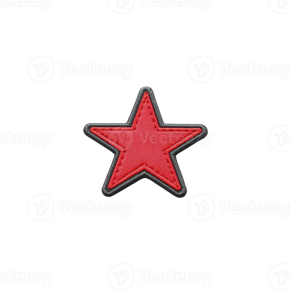 Vibrant red star patch with black border, symbolizing boldness and style, is displayed on plain background. embroidered design adds touch of texture and detail png