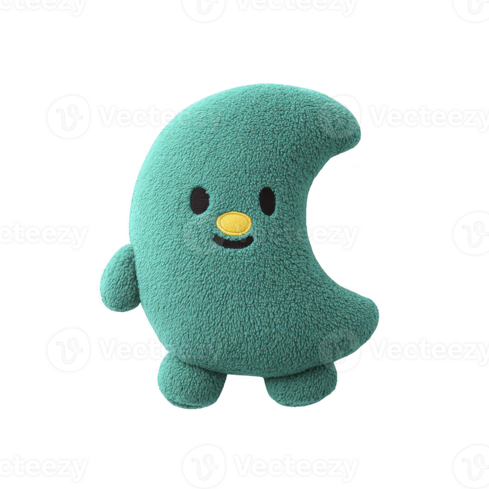 Cute, plush crescent moon toy with smiling face and small limbs, made of soft, textured fabric. toy is teal in color, creating playful and comforting appearance png