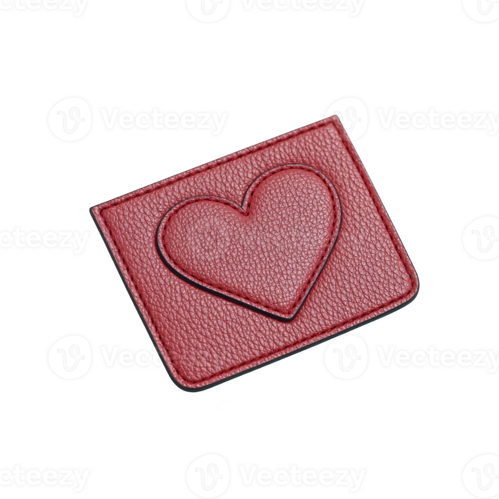 Red leather patch with heart design is displayed against plain background, showcasing its textured surface and craftsmanship. patch is rectangular with prominent embossed heart in center png