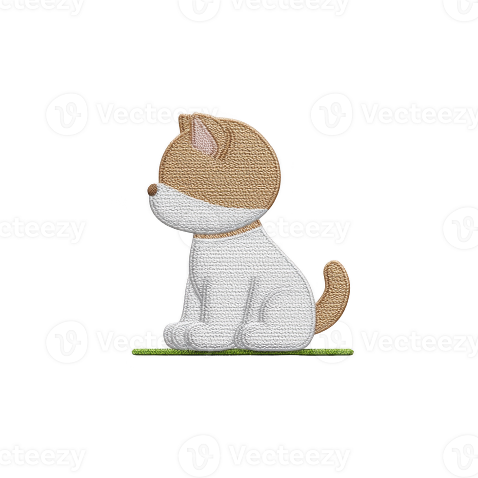 Cute embroidered patch of sitting dog with brown and white fur, showcasing playful and adorable design. dog is positioned on green base, adding touch of color png