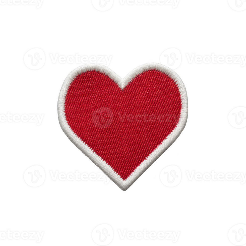Red heart shaped fabric patch with white border, symbolizing love and affection, isolated on transparency background. patch has textured surface, ideal for clothing decoration png