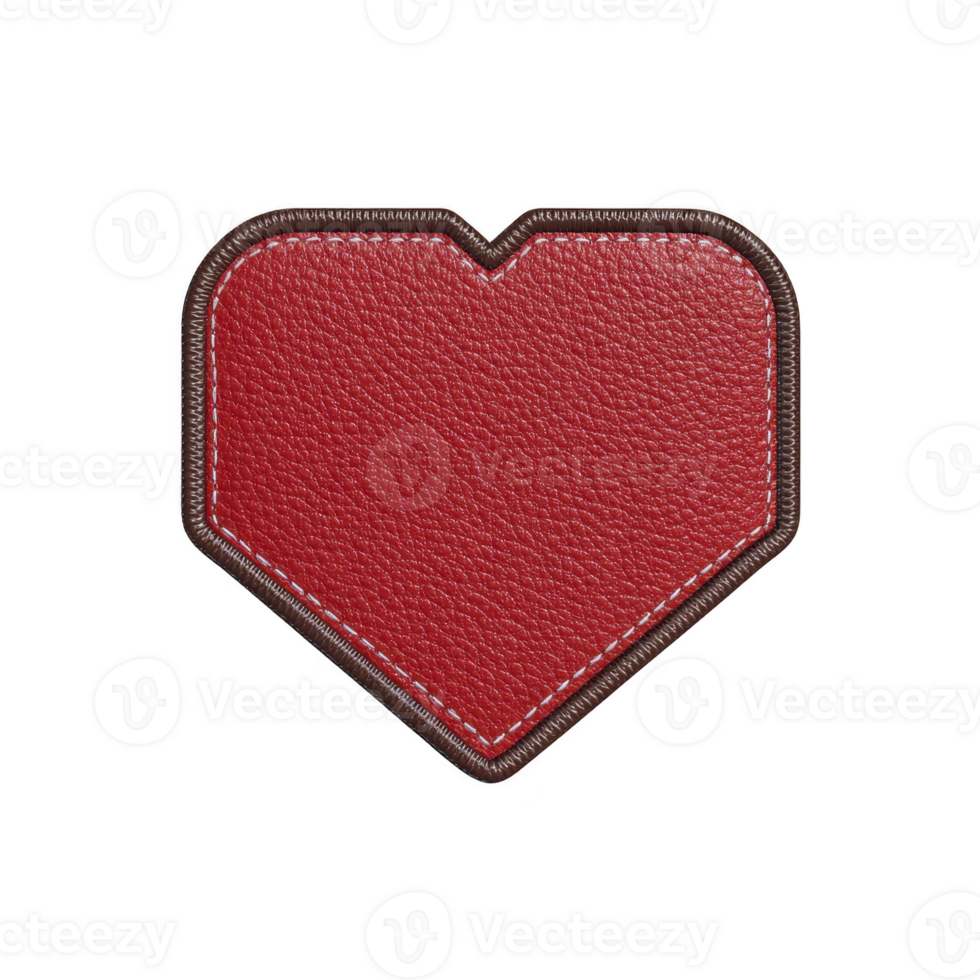 Red leather heart shaped patch with detailed stitching and textured surface, isolated on transparency background. patch has bold and stylish appearance, perfect for fashion or craft projects png