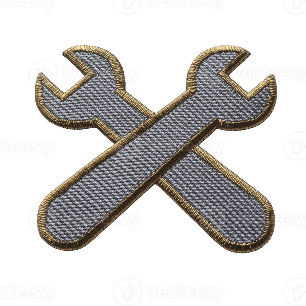 Crossed wrenches patch with gold trim, symbolizing repair and maintenance. embroidered design features textured silver surface, ideal for clothing or accessories png