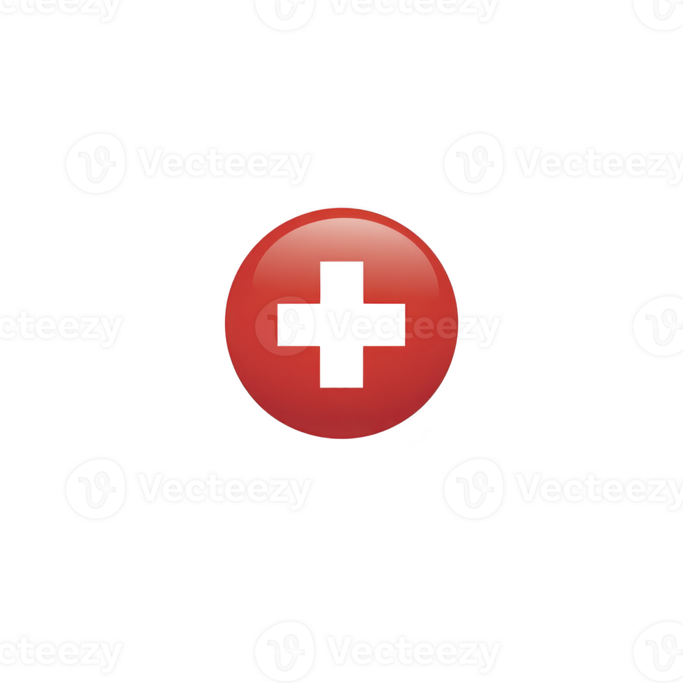 Shiny red button with black cross symbol in center, often associated with medical or emergency contexts, stands out against plain background. glossy finish adds modern touch png