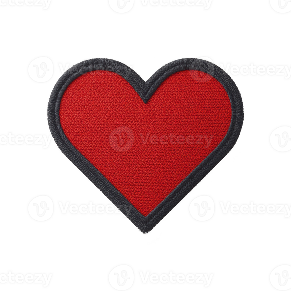 Red heart shaped patch with black border, symbolizing love and affection, isolated on transparency background. patch has textured fabric appearance, ideal for clothing or accessories png