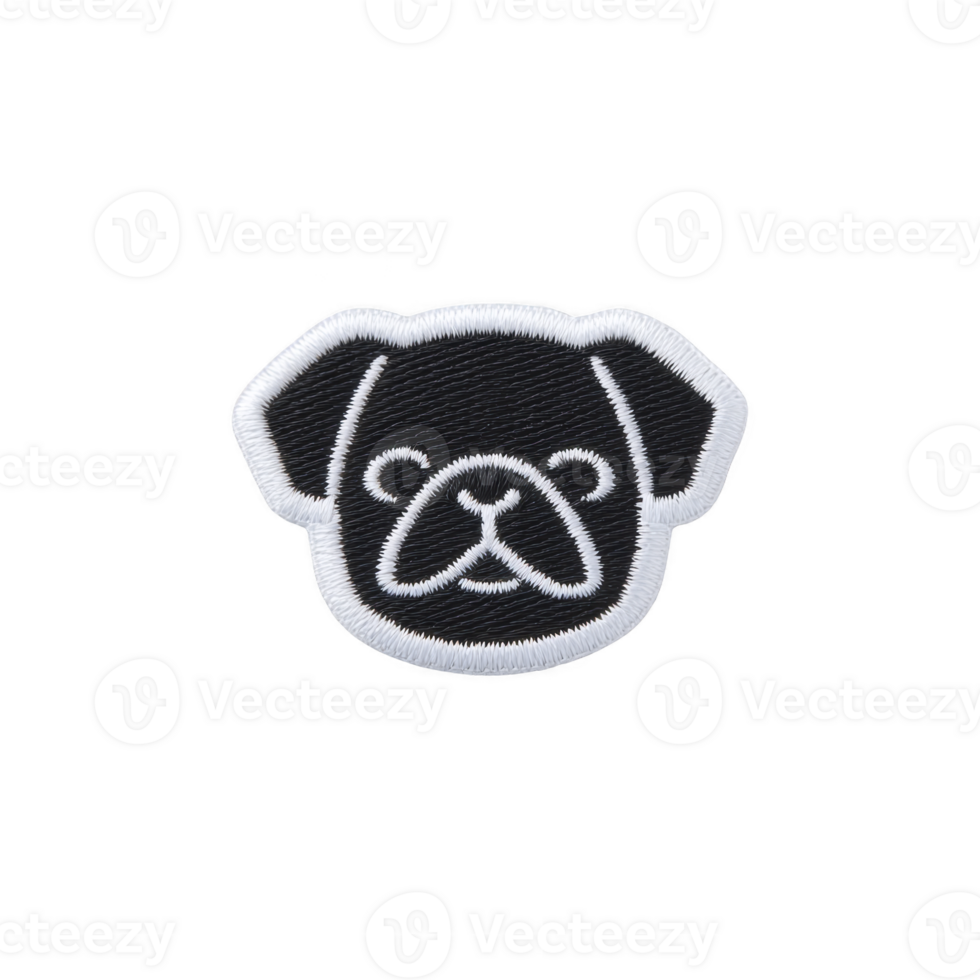 Black and white embroidered patch features simple outline of dog face, showcasing minimalist design. patch is suitable for clothing or accessories, adding playful touch png