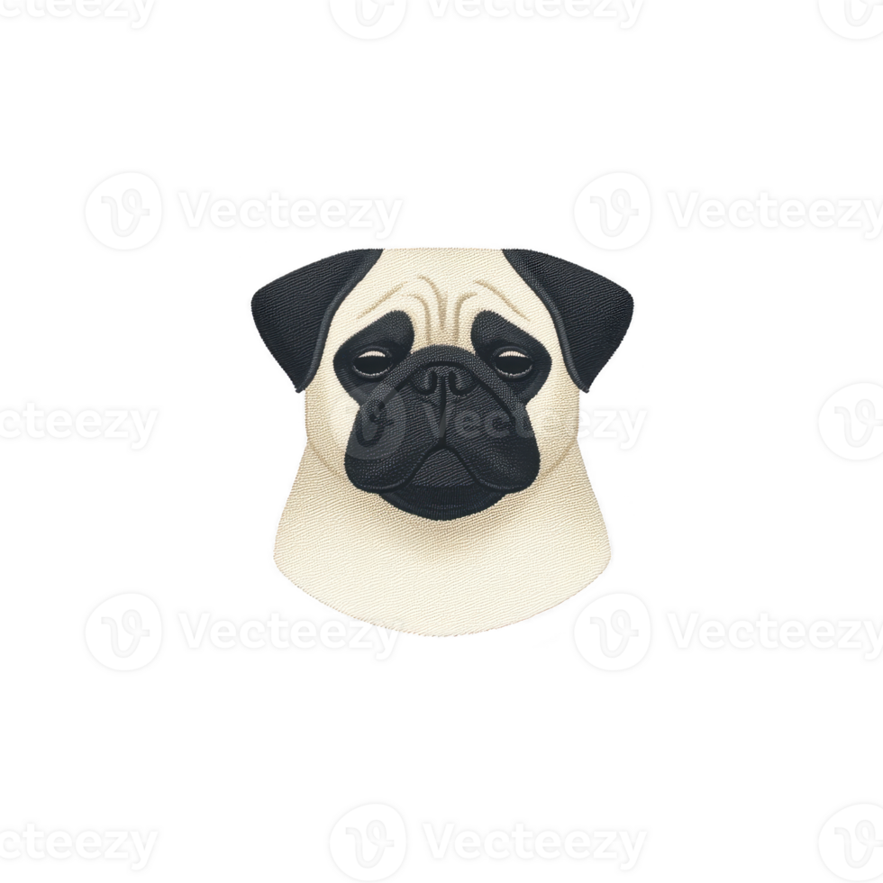 Cute illustration of pug face with neutral expression, featuring its distinctive wrinkled forehead and dark ears, set against plain background png
