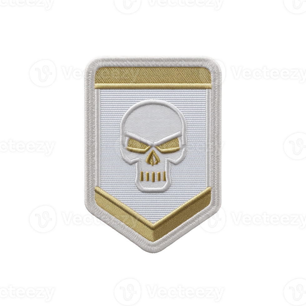 White and gold embroidered patch features skull design, symbolizing strength and resilience. patch has shield shape with gold accents, ideal for jackets or bags png