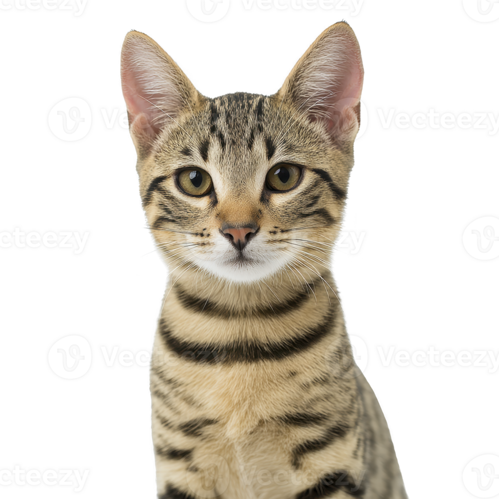 Cute tabby cat with striking stripes and attentive eyes sits against plain background, showcasing its curious and alert nature. cat fur pattern is distinct and beautiful png