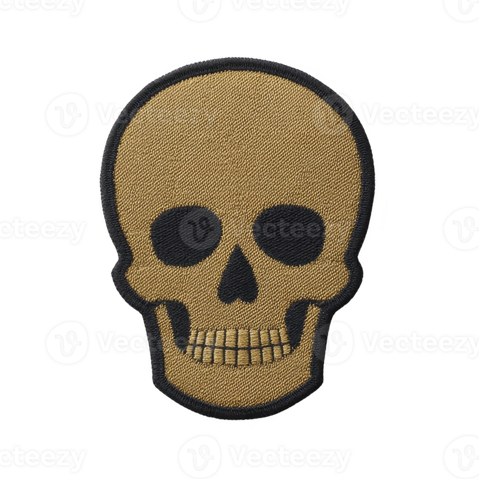 Skull shaped embroidered patch with gold and black color scheme, featuring simple and bold design. patch is suitable for clothing or accessories, adding touch of edgy style png
