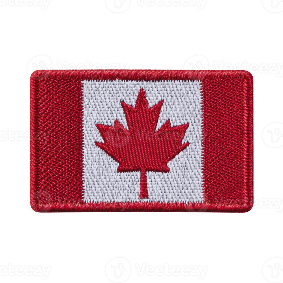 Rectangular embroidered patch features Canadian flag with red maple leaf in center, bordered by red vertical stripes on each side. patch is designed for attachment to clothing or accessories png