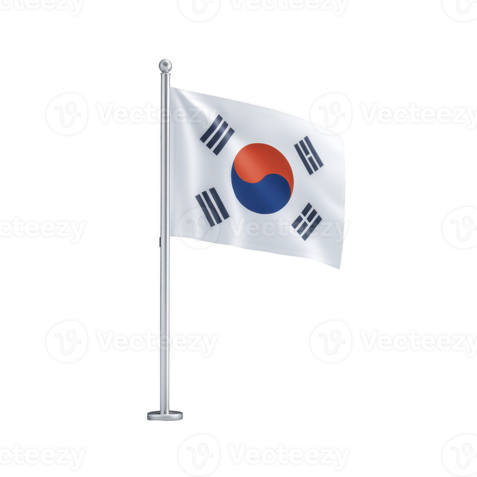 Image shows national flag of South Korea, known as Taegukgi, featuring red and blue yin yang symbol and four black trigrams on transparency background png