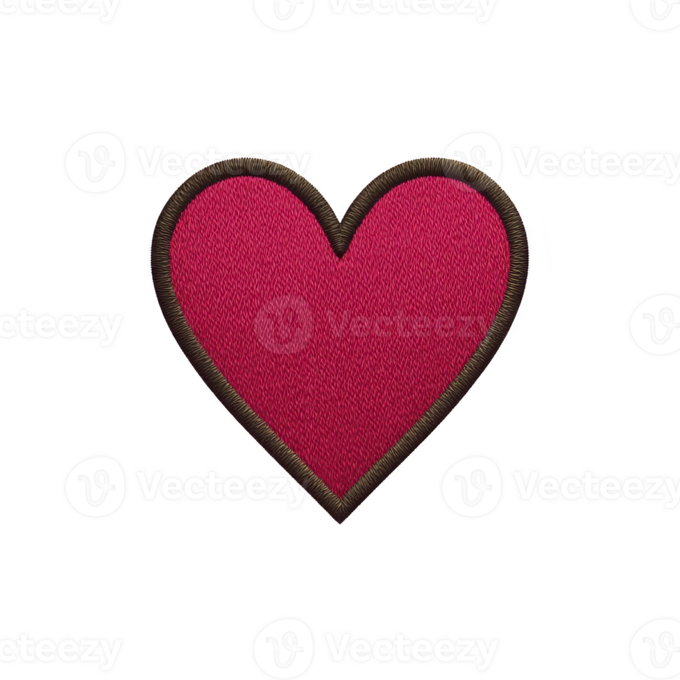 Red heart shaped patch with black border, symbolizing love and affection, is displayed on plain background. embroidered texture adds tactile element to design png
