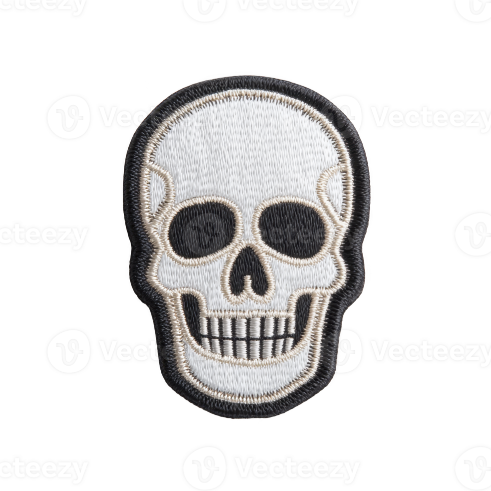 Skull shaped embroidered patch with black and white detailing, featuring simple and bold design. patch is suitable for clothing or accessories, adding touch of edgy style png