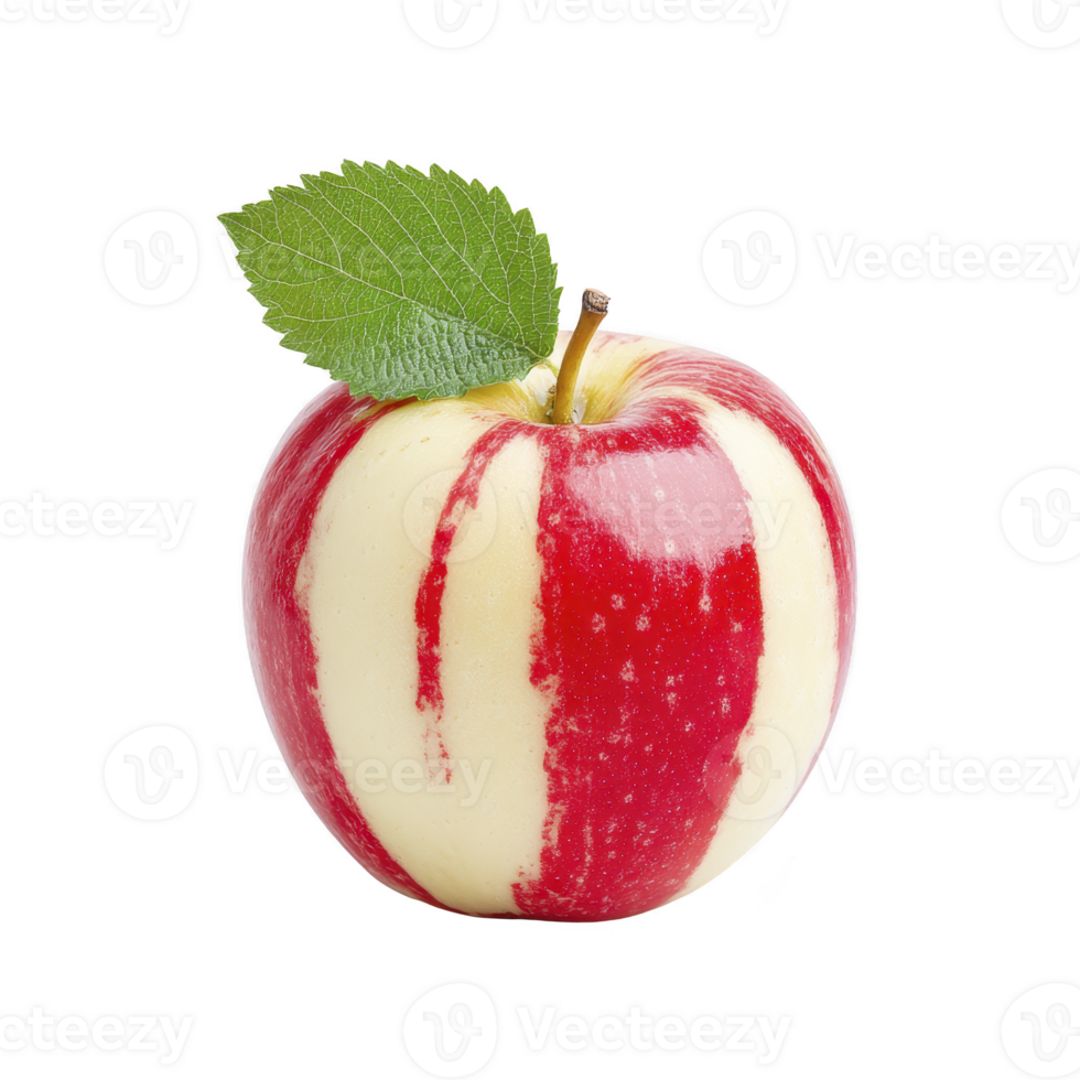 Vibrant red and white striped apple with green leaf on top, isolated on transparency background. apple unique pattern and fresh appearance make it visually striking png