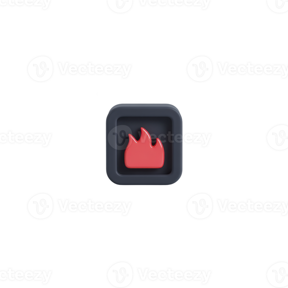 3D fire icon with red flame on dark square background, symbolizing heat or energy. design is simple and modern, suitable for digital interfaces or apps png