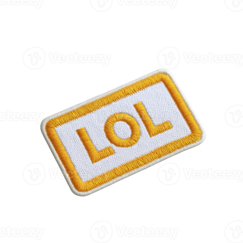 Rectangular embroidered patch with text LOL in bold yellow letters on transparency background, outlined with yellow border. patch conveys playful and humorous expression png