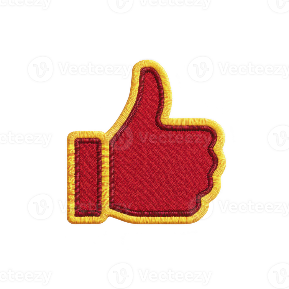 Red thumbs up patch with yellow border, symbolizing approval or positivity, isolated on transparency background. embroidered design adds textured, vibrant look png