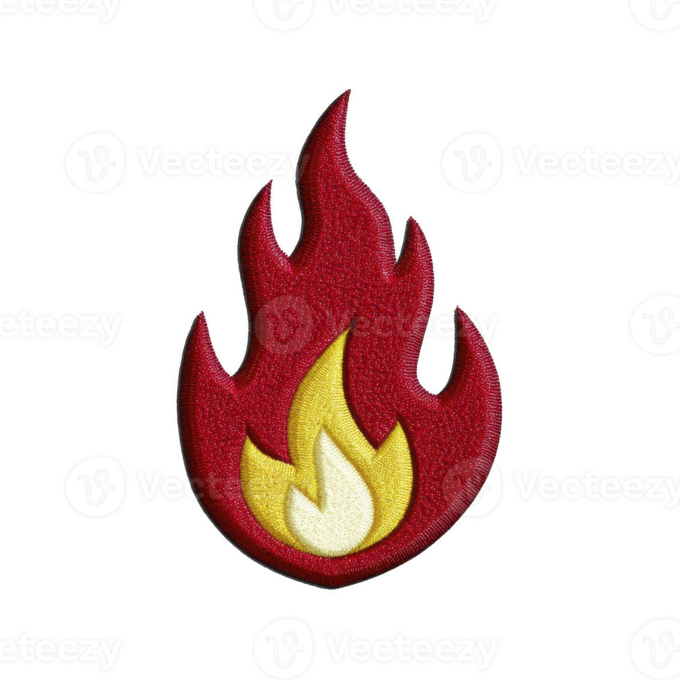 Vibrant red and yellow flame patch with textured fabric appearance, symbolizing energy and passion. design is simple yet striking, perfect for clothing or accessories png