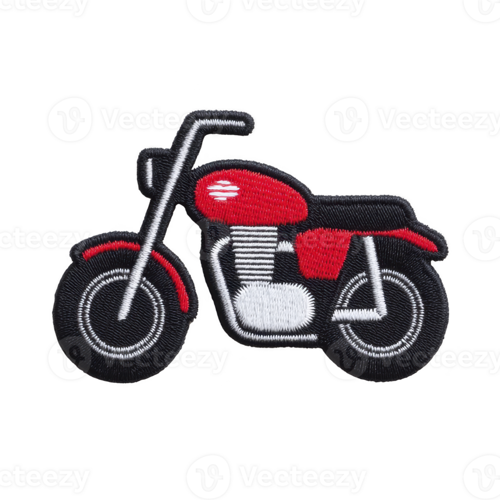 Red and black embroidered motorcycle patch with classic design, featuring detailed stitching and vintage style. Ideal for jackets, bags, or hats, adding touch of retro flair png